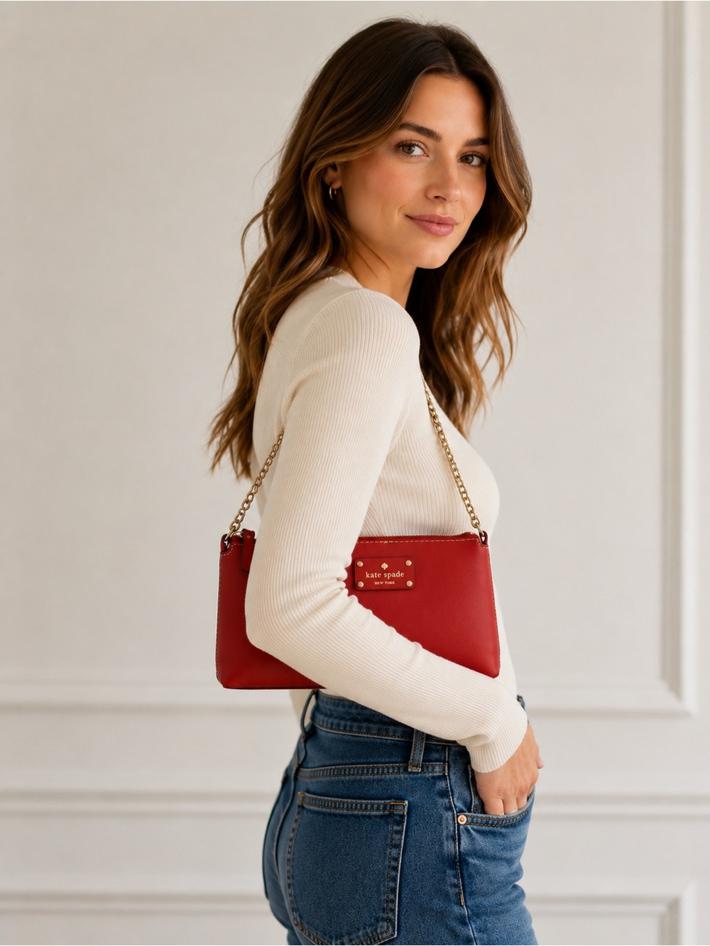 Kate Spade New York Welsley Byrd Red Leather Chain Shoulder Bag